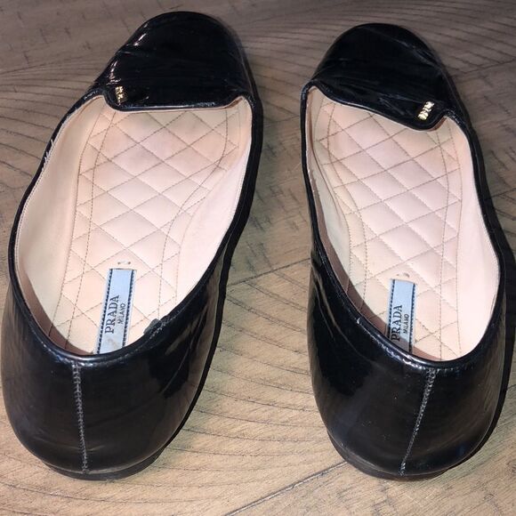 Prada Gold Logo Patent Leather Loafers Quilted Footbed. Sanitized and polished. - Picture 13 of 17